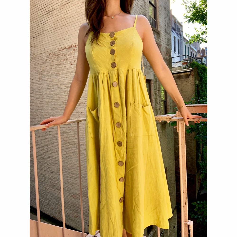 Vintage Havana Linen Midi Dress w Wood Buttons NWT
